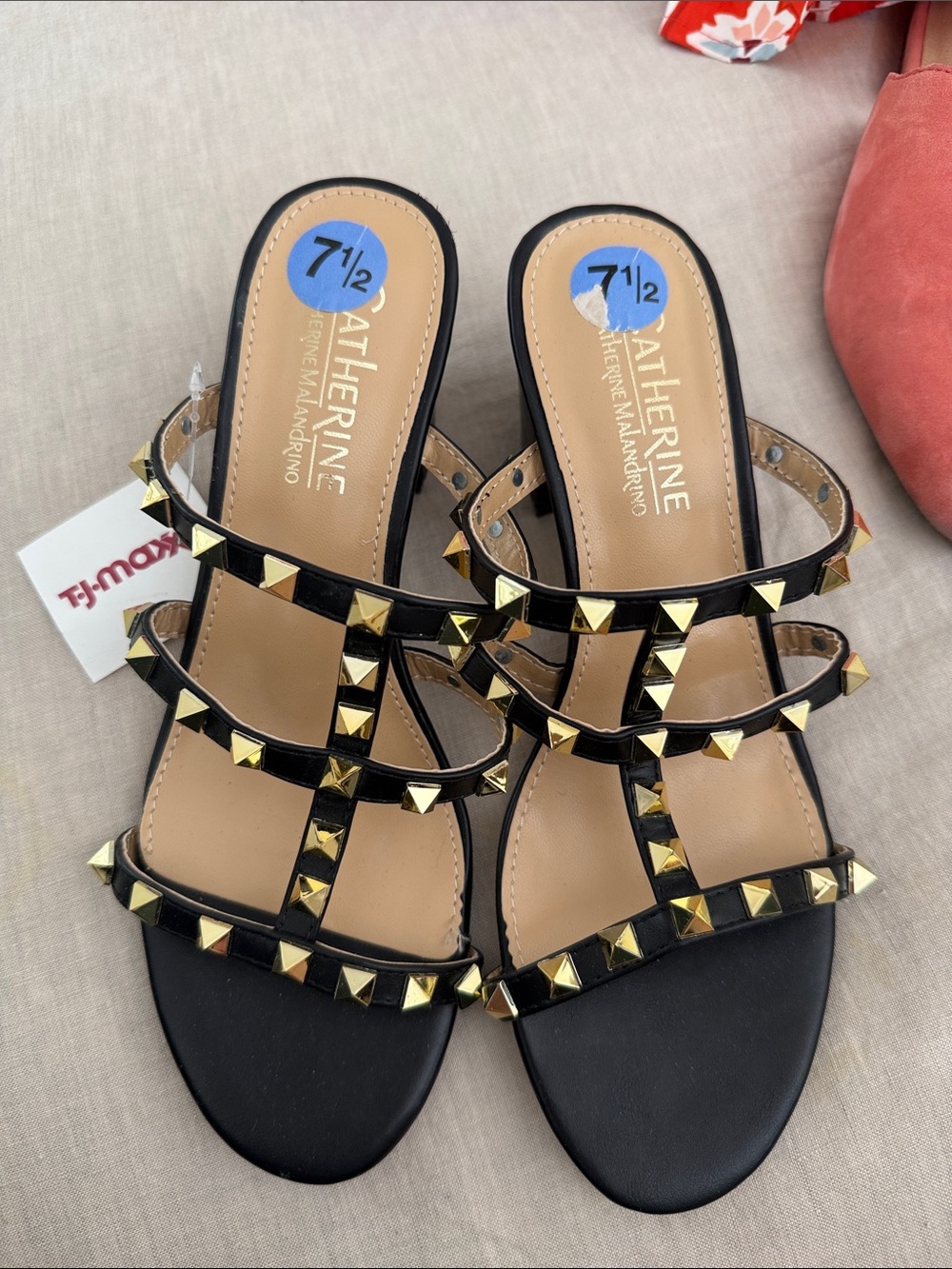 Catherine Malandrino Black Slide Sandals with Gold Studs